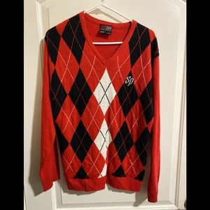 Red plaid v neck sweater